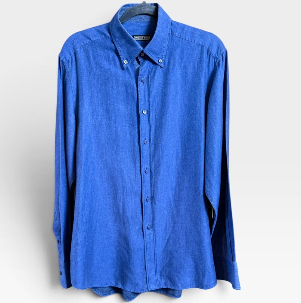 Stefano Ricci Men's Shirt M Blue Cotton Linen Button Down Luxury Italy